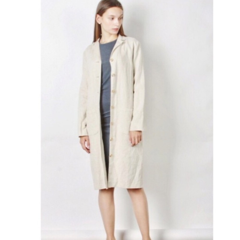 Mod Ref Minimalist Beige Linen Duster Coat Sz Large